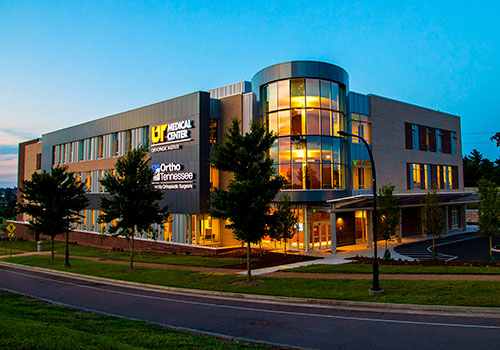Modern medical building at dusk